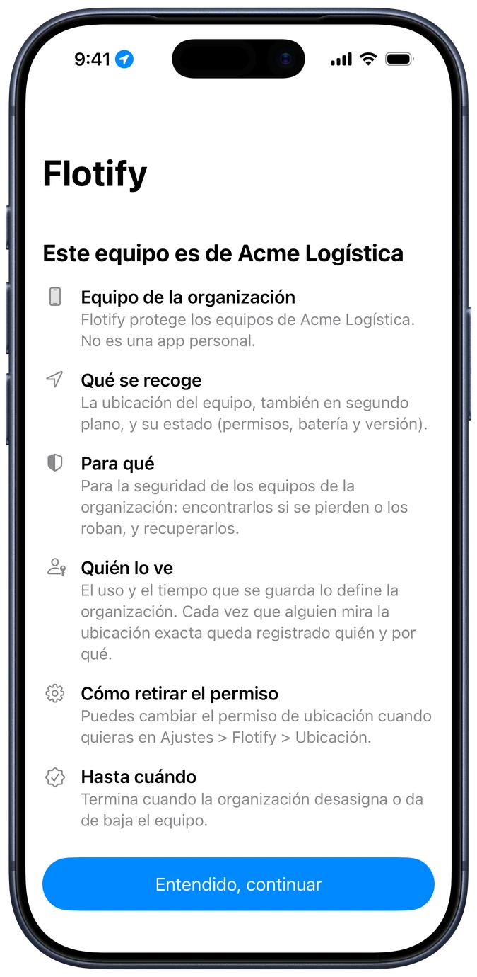 App de Flotify en iPhone: pantalla que explica que el equipo es de la empresa, qué datos se recogen y para qué.