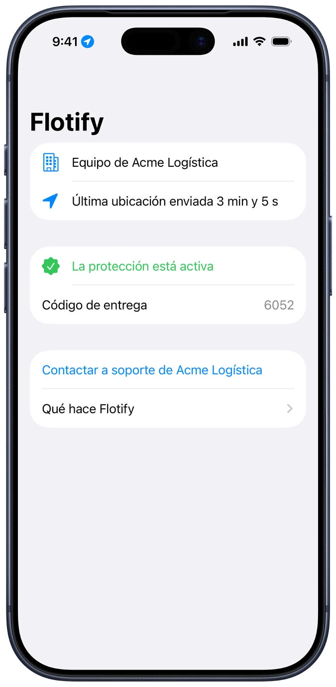 App de Flotify en iPhone: la protección está activa y se ve la última ubicación enviada.