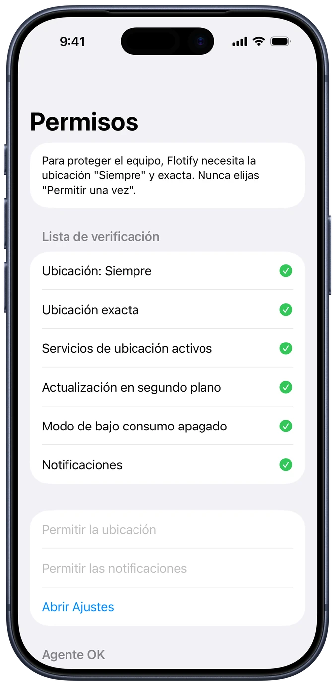 App de Flotify en iPhone: lista de verificación de permisos, todos en verde.
